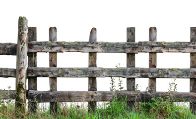 Aged wooden fence with moss and grass isolated on transparent background