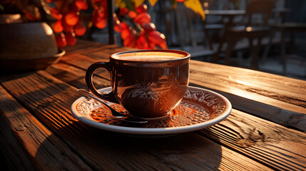Enjoy the simplicity of a mug of black coffee, bathed in the warm glow of sunlight. Indulge in the rich aroma and bold flavor of a mug of black coffee, a morning ritual that energizes the senses - obrazy, fototapety, plakaty