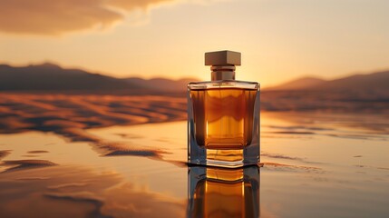 A bottle of perfume on an evening desert with a reflective surface, in the style of dark beige and dark amber.