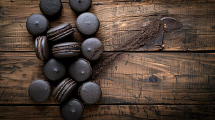Chocolate macarons with cocoa powder on wooden table