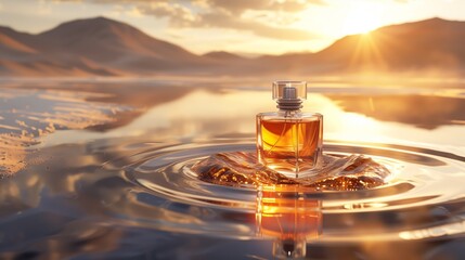 A bottle of perfume on an evening desert with a reflective surface, in the style of dark beige and dark amber. - obrazy, fototapety, plakaty