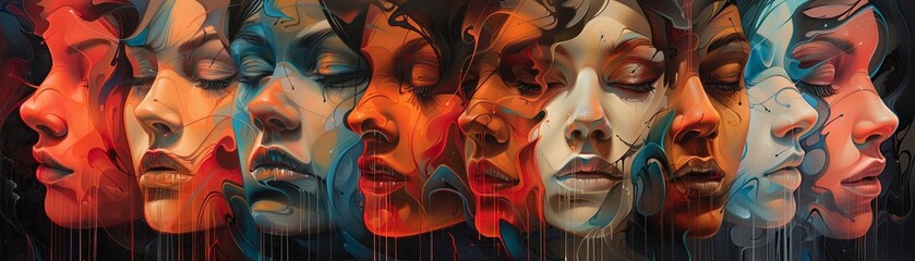 A collection of surreal faces that reflect and merge with one another, creating an abstract composition that encourages introspection and contemplation of self awareness