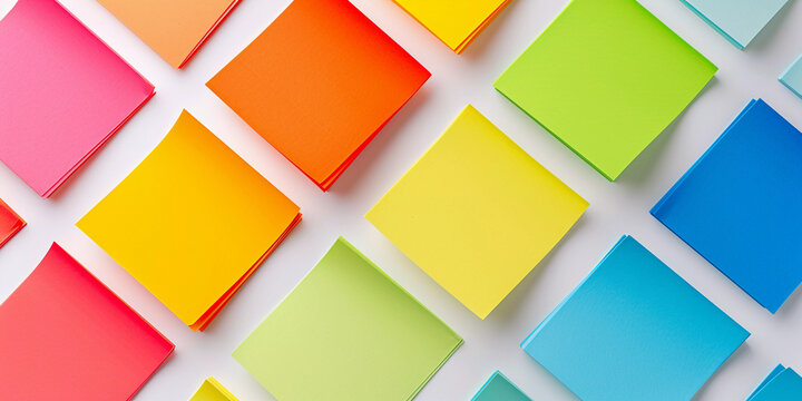 Rows of sticky notes to place ideas and processes, business, ideas, brainstorming. rows of blank square paper multicolored stickers on a white wall, white background, close up.