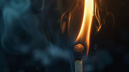 Burning matchstick with dramatic flame and smoke