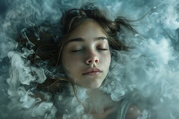 A girl in a peaceful slumber, with swirling clouds around her to signify the constant battle of insomnia and the blurred line between wakefulness and dreams