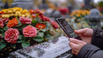 Close-up of marble tombstone with QR code, smartphone scanning, blurred flowers symbolize remembrance. Digital memory connection.