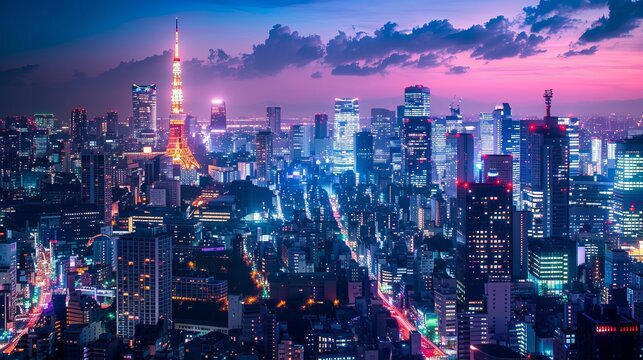 Tokyo's skyline with neon lights