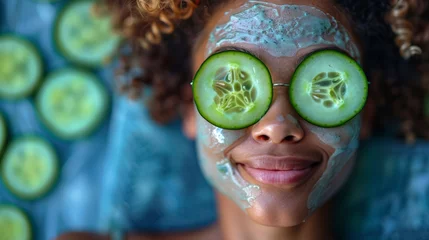 Foto op Plexiglas Woman with facial mask and cucumber slices on eyes © LabirintStudio