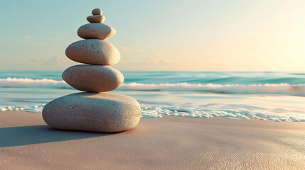 Zen stones on beach at sunset
