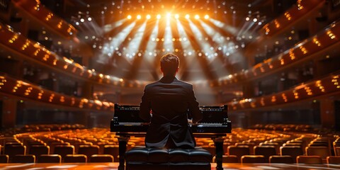 A man with intense concentration sits at a grand piano in front of a dimly lit stage, preparing to...