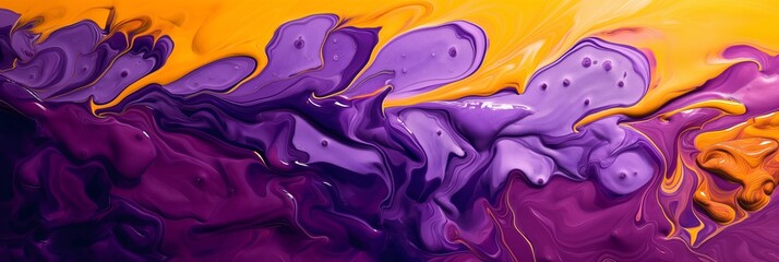 An abstract fluid art piece with swirling purple and yellow hues, symbolizing movement and...