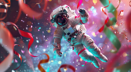 An astronaut floating in zero gravity, surrounded by colorful ribbons and streamers in the background - obrazy, fototapety, plakaty