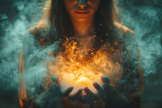 Woman holding glowing orb of fire, fire one person adult
