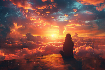Woman sitting on rock in sky looking at sun, sunrise dawn dusk outdoors - obrazy, fototapety, plakaty