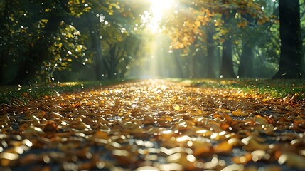 A sun-dappled forest path carpeted with fallen leaves