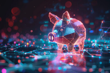 A pig is shown in a digital image with a blue and red pattern. The image has a futuristic piggy bank. concept : saving money online. - obrazy, fototapety, plakaty