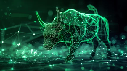 Selbstklebende Fototapeten A green bull with a green background. The digital bull is green connection line and dots. © Rattanachat