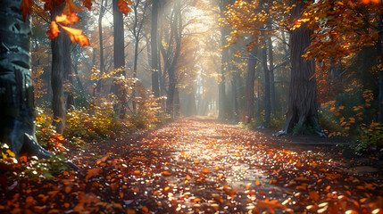A sun-dappled forest path carpeted with fallen leaves