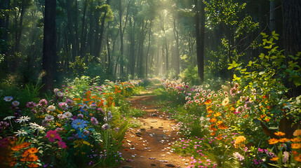A sun-dappled forest path lined with wildflowers