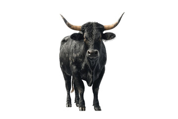Majestic Black Bull With Enormous Horns Against White Canvas. White or PNG Transparent Background.