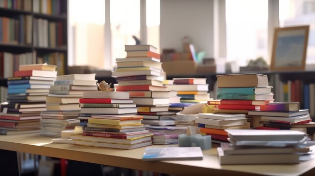 Pile of books on study desk in a study room. Education or academic concept picture of self access learning environment background related to research or reading materials