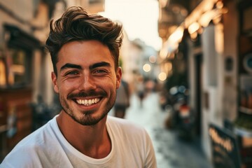 Portrait of a handsome young man smiling and looking at the camera in a European city. - obrazy, fototapety, plakaty