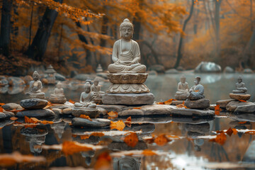 Buddha statues in autumn forest, buddhism religion spirituality meditating - obrazy, fototapety, plakaty