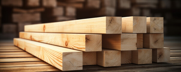 Pile of wooden boards cut in timer side view. - obrazy, fototapety, plakaty