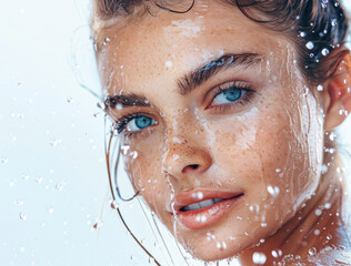 A beautiful woman has water splashing on her face against a white background in a simple composition portraying feminine beauty