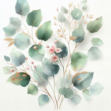 Piękna kompozycja z liści i kwiat&oacute;w na białym tle, dekoracja karta puste miejsce na tekst generative ai