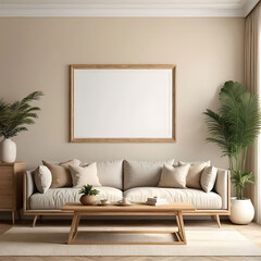 living room interior, natural wooden furniture and trendy home accessories on bright beige background, 3d render, Mock up frame in cozy home interior background, coastal style bedroom
