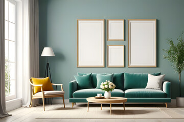 living room interior, natural wooden furniture and trendy home accessories on bright beige background, 3d render, Mock up frame in cozy home interior background, coastal style bedroom