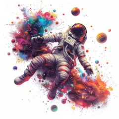 Surreal astronaut floating in space surrounded by floating celestial objects and colorful cosmic dust, feeling of wonder and exploration. - obrazy, fototapety, plakaty