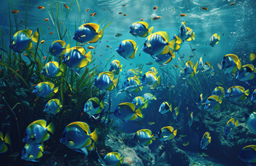 Fototapeta na wymiar Blue and yellow fish school underwater in the ocean reef.