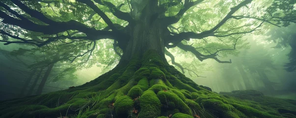 Deurstickers Mystical foggy forest with ancient mossy tree © LabirintStudio
