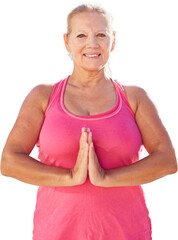 Alte Frau faltet Hände bei Yoga Meditation