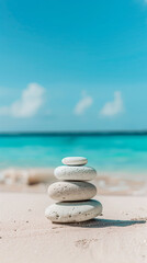 Fototapeta na wymiar Stacked stones on sandy beach with turquoise sea background