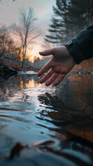 Hand reaching out to water at sunset