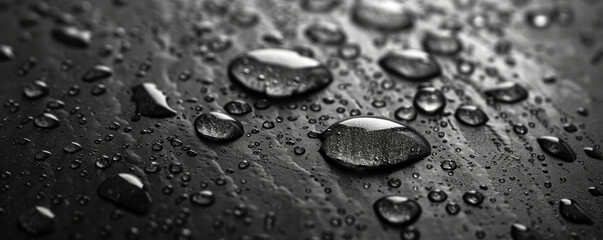 Close-up of water droplets on a dark surface - obrazy, fototapety, plakaty