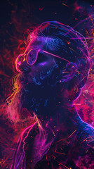 Abstract neon portrait of a bearded man