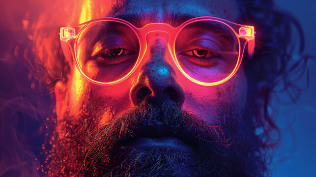 Man with neon glowing glasses in low light