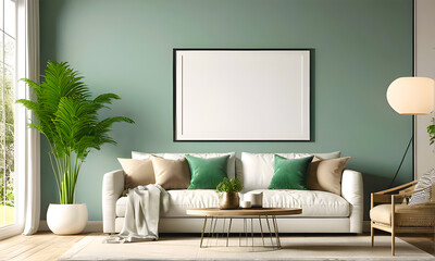 living room interior, natural wooden furniture and trendy home accessories on bright beige background, 3d render, Mock up frame in cozy home interior background, coastal style bedroom