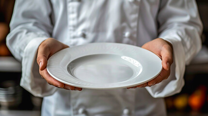 Chef in a white uniform presents an empty white plate with an intricate design, ready for plating. - 775204428