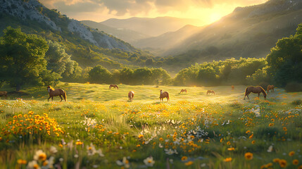 A sunlit meadow dotted with grazing horses - obrazy, fototapety, plakaty