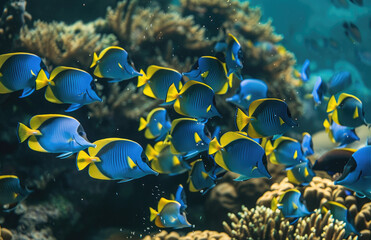 Fototapeta na wymiar Blue and yellow fish school underwater in the ocean reef.