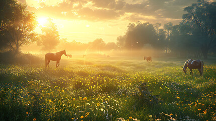 A sunlit meadow dotted with grazing horses