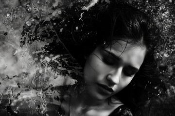 Woman in black and white image, wet young adult beauty