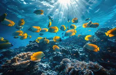 Blue and yellow fish school underwater in the ocean reef.