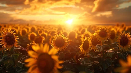 Rolgordijnen A sunrise over a field of sunflowers - nature's golden awakening © MuhammadInaam