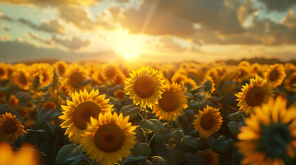 A sunrise over a field of sunflowers - nature's golden awakening - obrazy, fototapety, plakaty